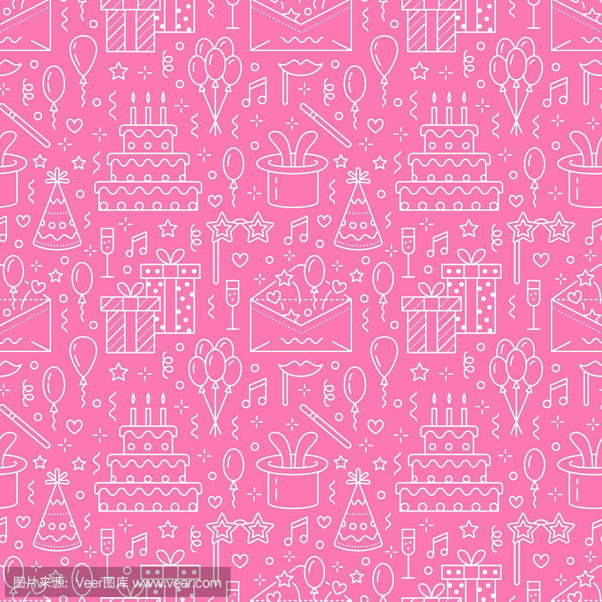 生日聚会粉红色无缝模式,扁线图。事件机构,婚