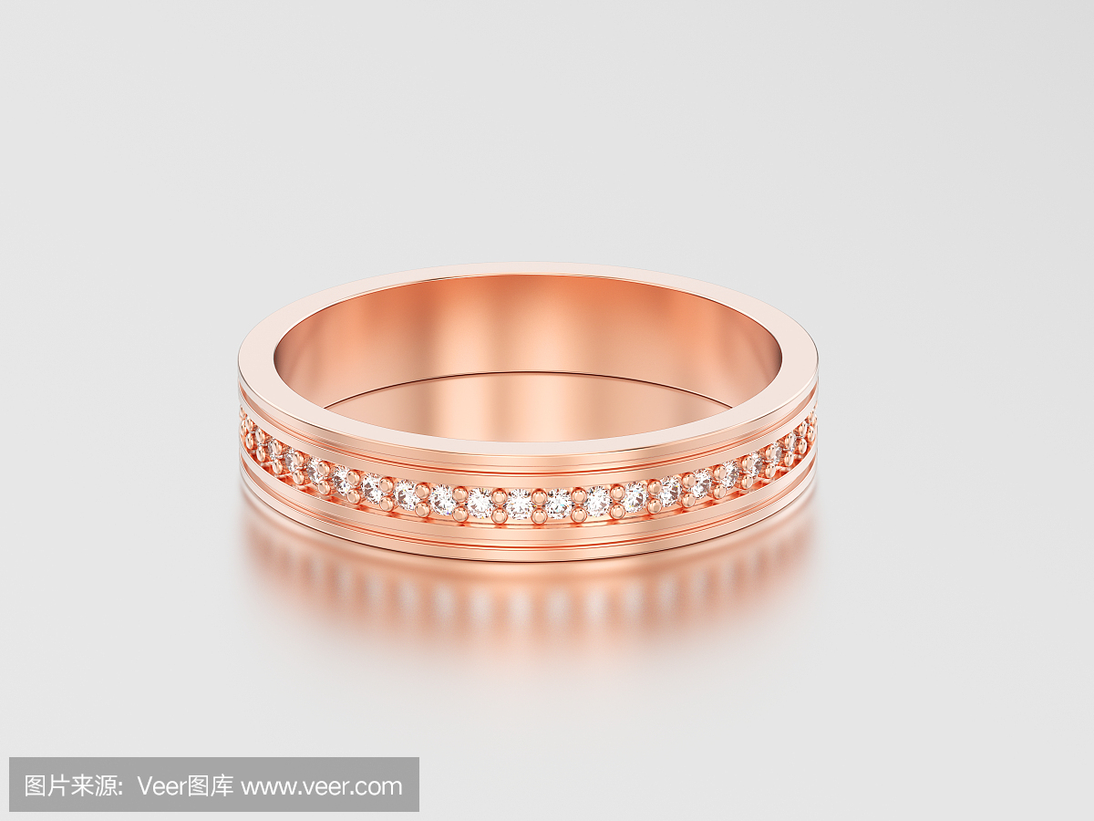 3d图玫瑰金订婚结婚戒指带反射和阴影的钻石