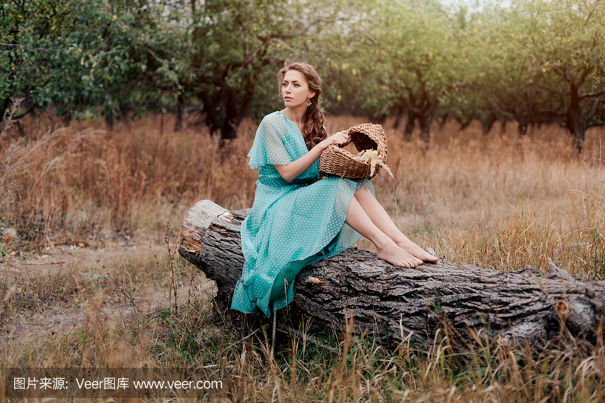浪漫的女人穿着长裙子坐在田野上,秋天的季节