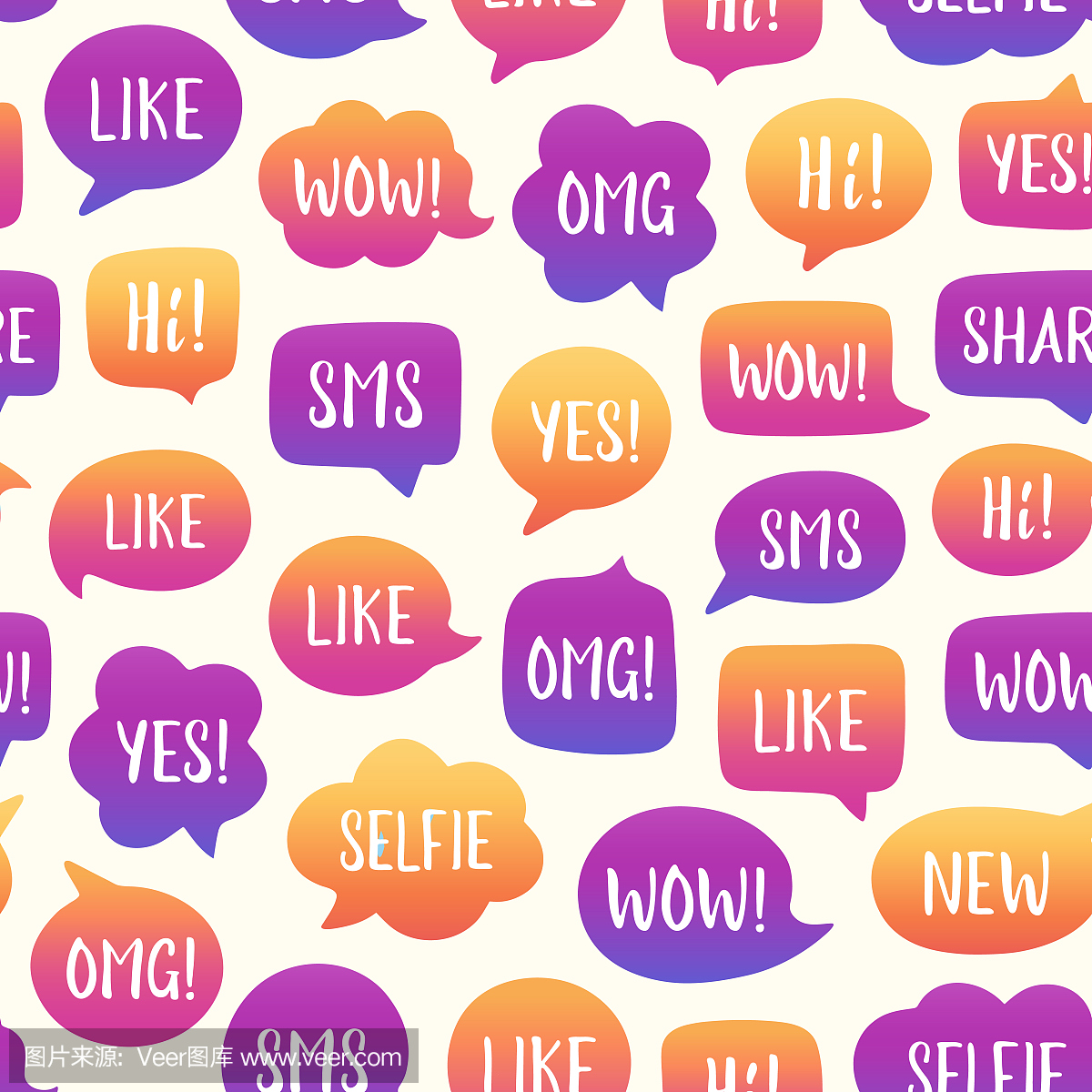 矢量无缝模式的彩色气泡与流行的社交媒体短语