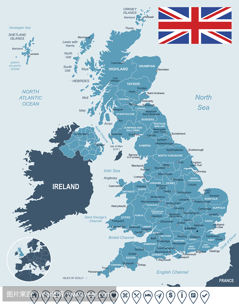英国地图,标志和导航标签 - 插图