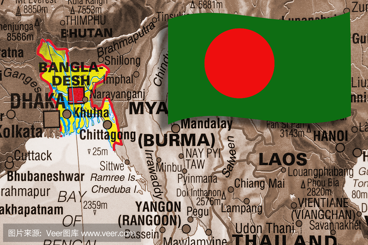 国家:南亚国家地图。专注于孟加拉国旗。