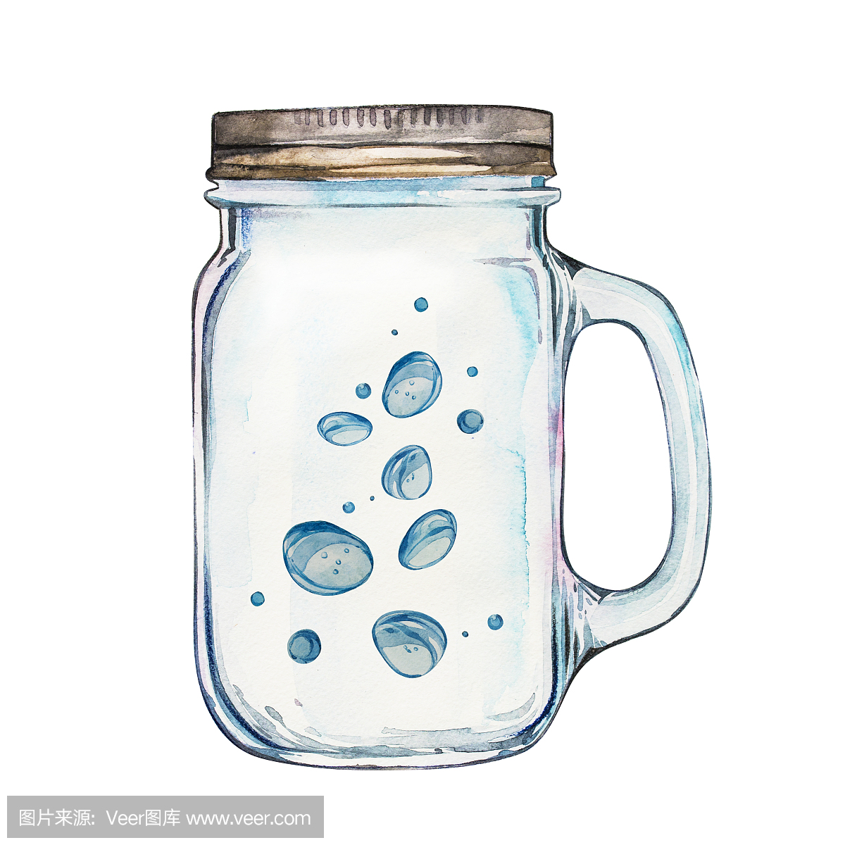 Isoleted Tumbler with stainless steel lid. Watercolor hand drawn painted illustration, water line and bubbles.