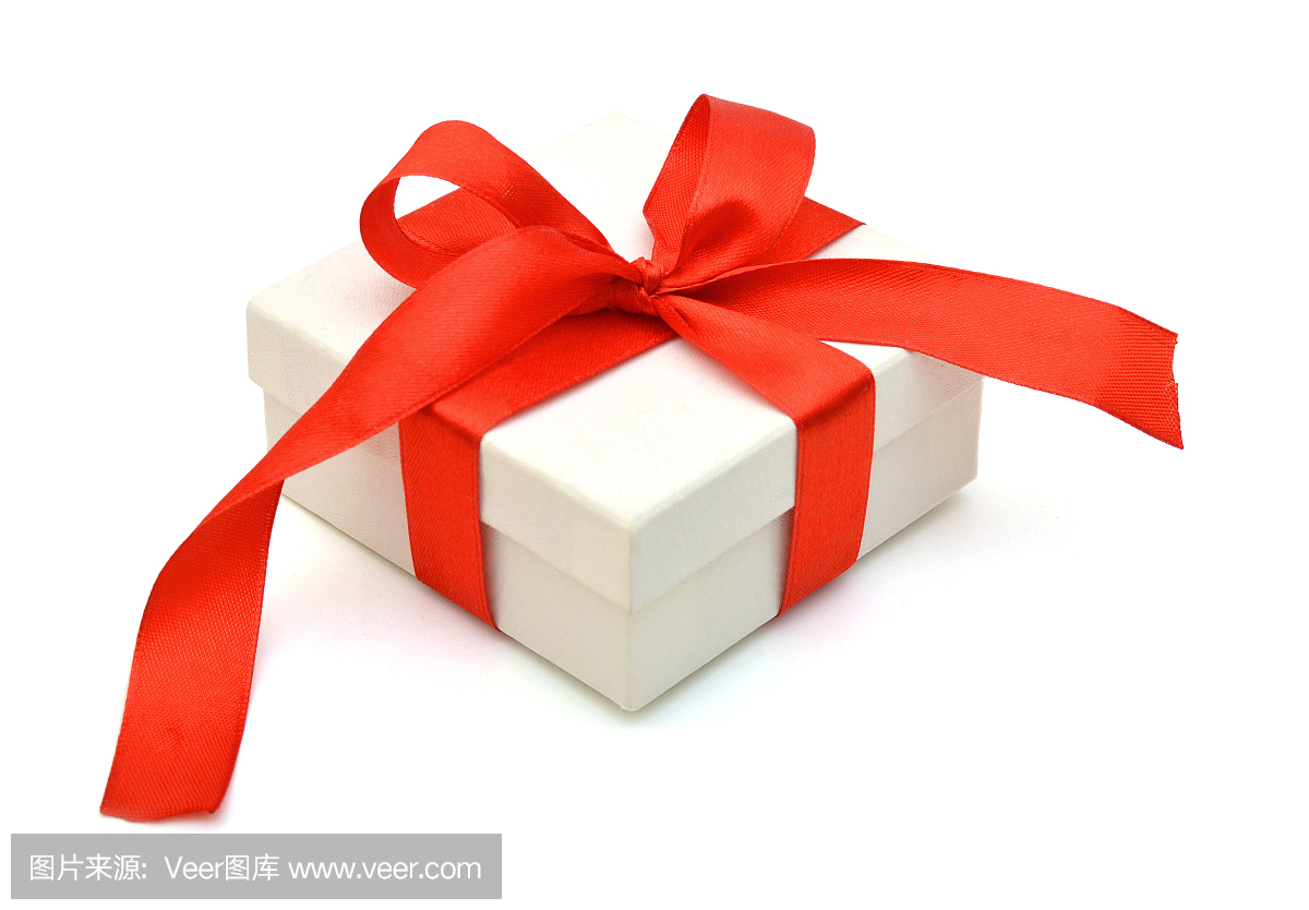 白色礼品盒红丝带蝴蝶结,孤立在白纸上