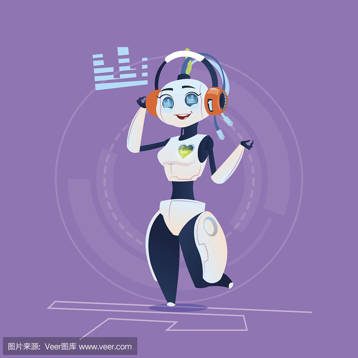 女性机器人通过耳机听音乐现代人工智能技术概