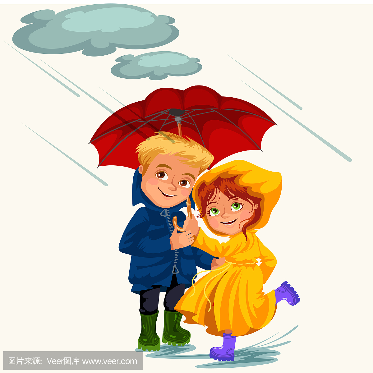 家庭的丈夫和妻子用伞手走雨,雨滴滴入水坑,男