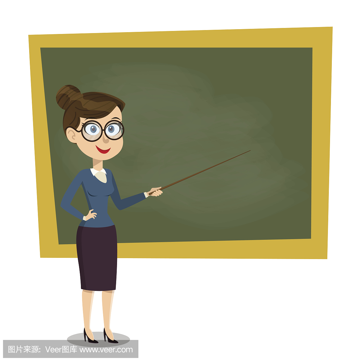 矢量卡通微笑女教师与指针在教室的黑板教学,