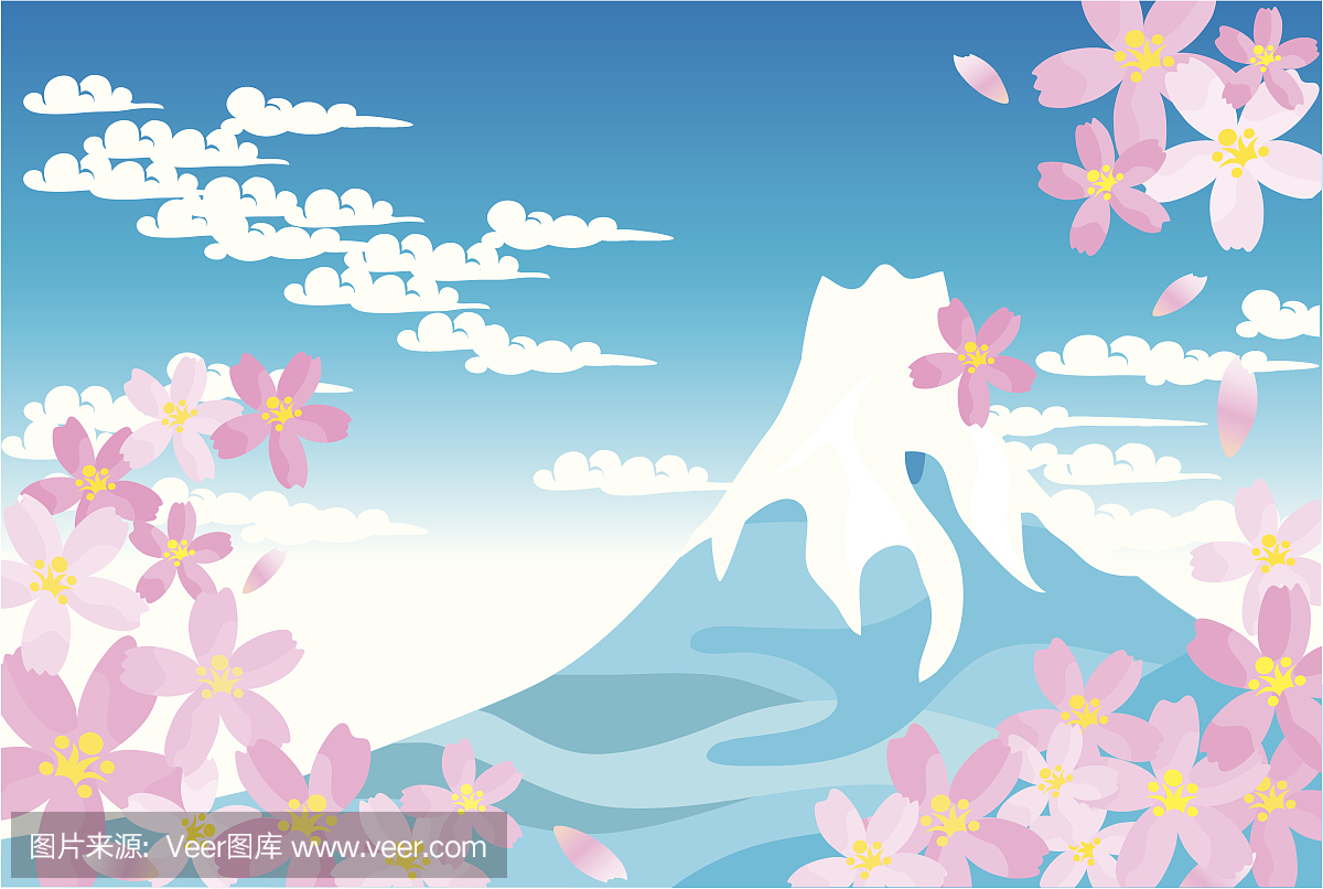蓝色富士山和樱花