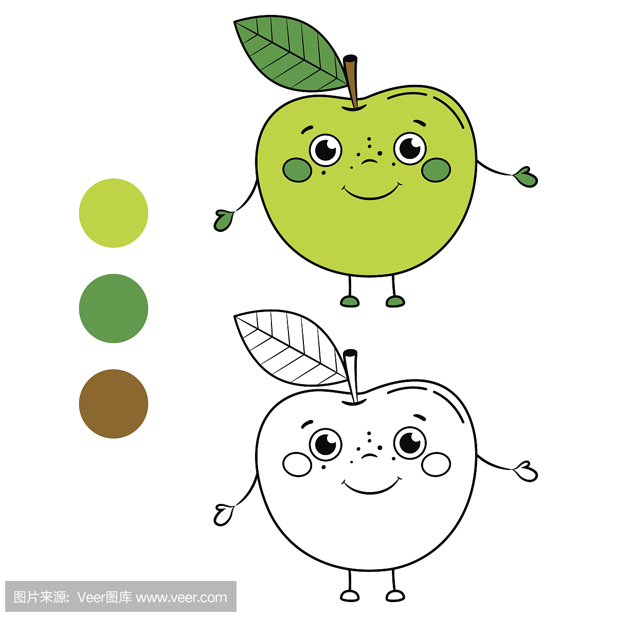 苹果。着色书页。卡通矢量图。儿童游戏