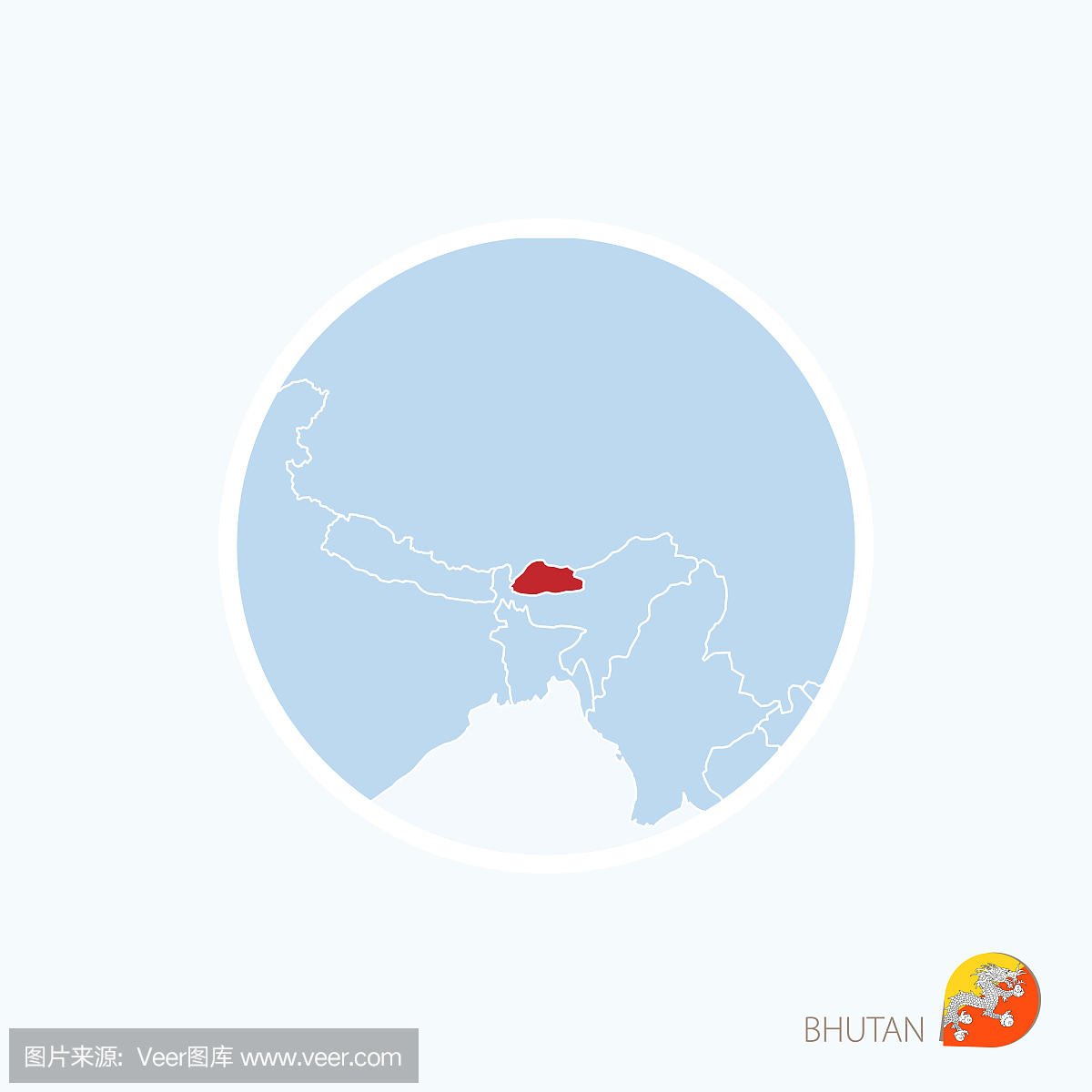 不丹的地图图标。南亚的蓝色地图与突出显示不