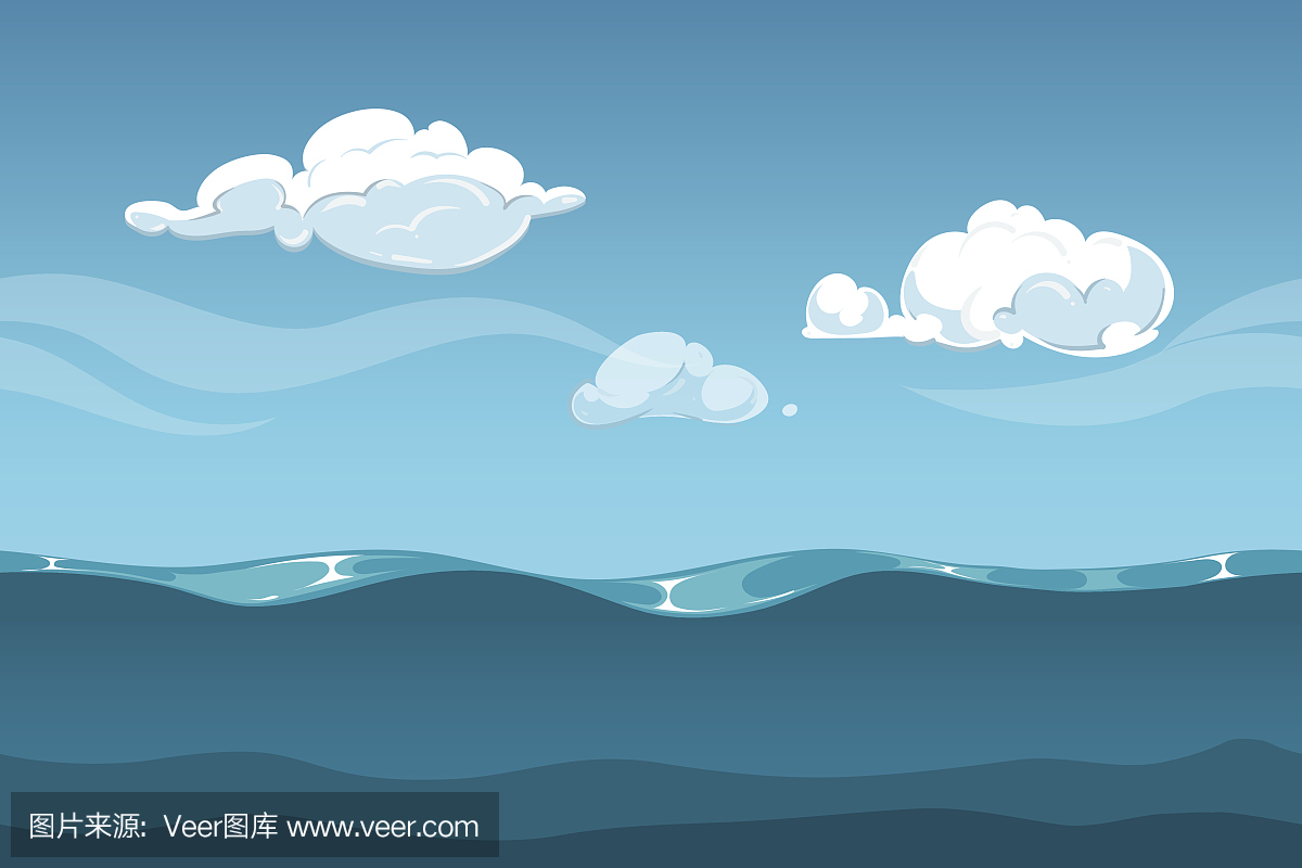 海洋或海洋漫画景观与天空和云彩。无缝