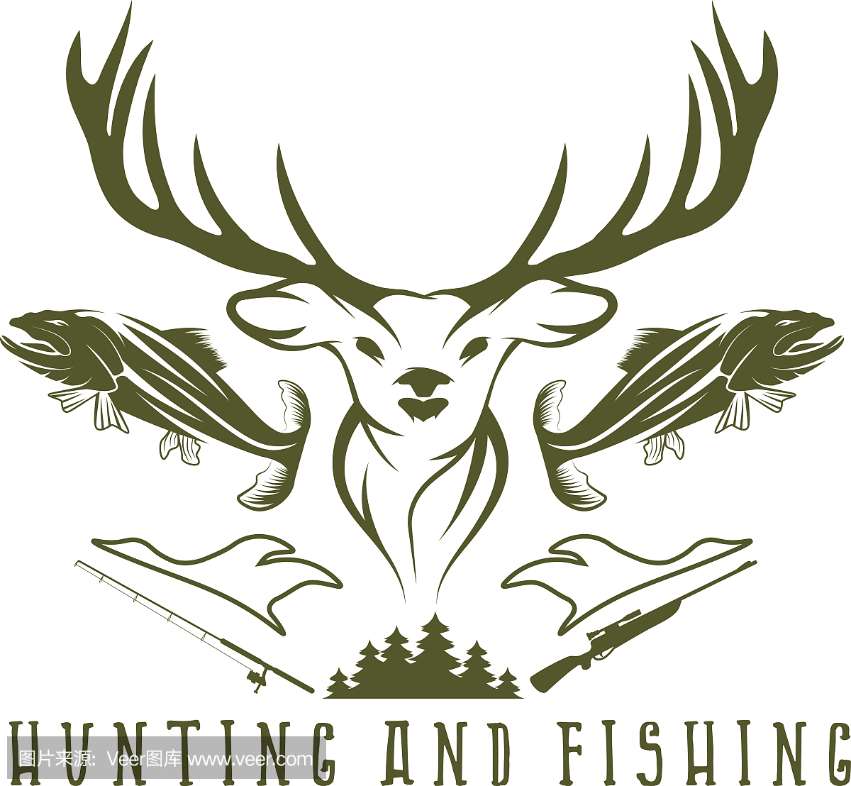 狩猎和钓鱼复古徽标矢量设计模板