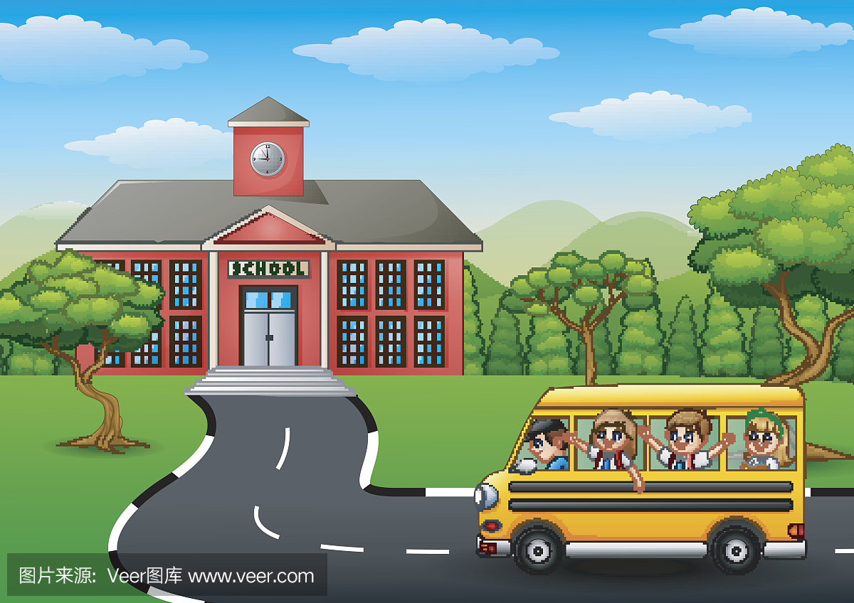 Happy children going to school with school bus