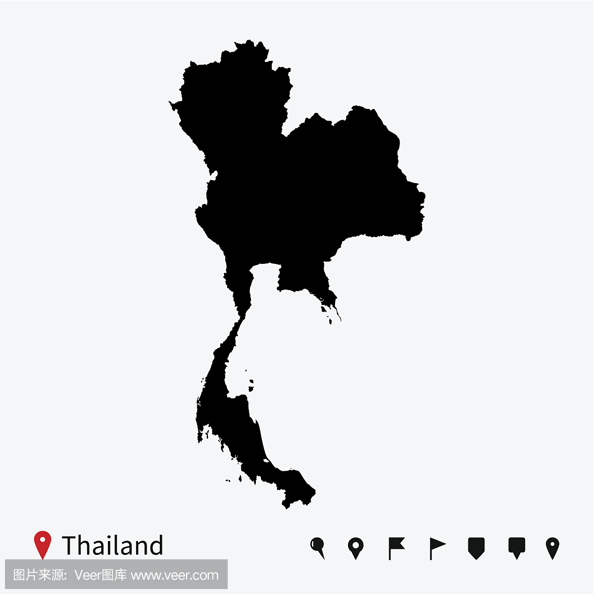 泰国的高详细矢量地图导航引脚。