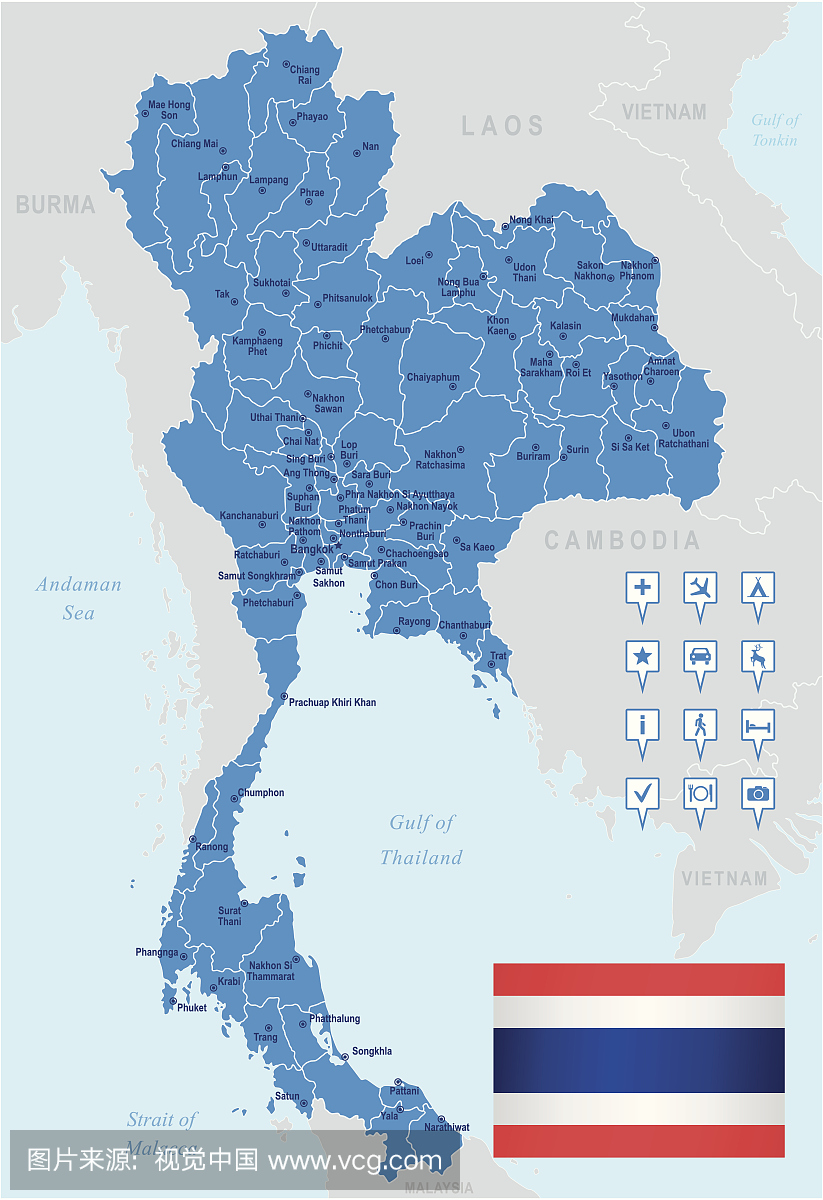 泰国和国家的地图与标志和导航图标