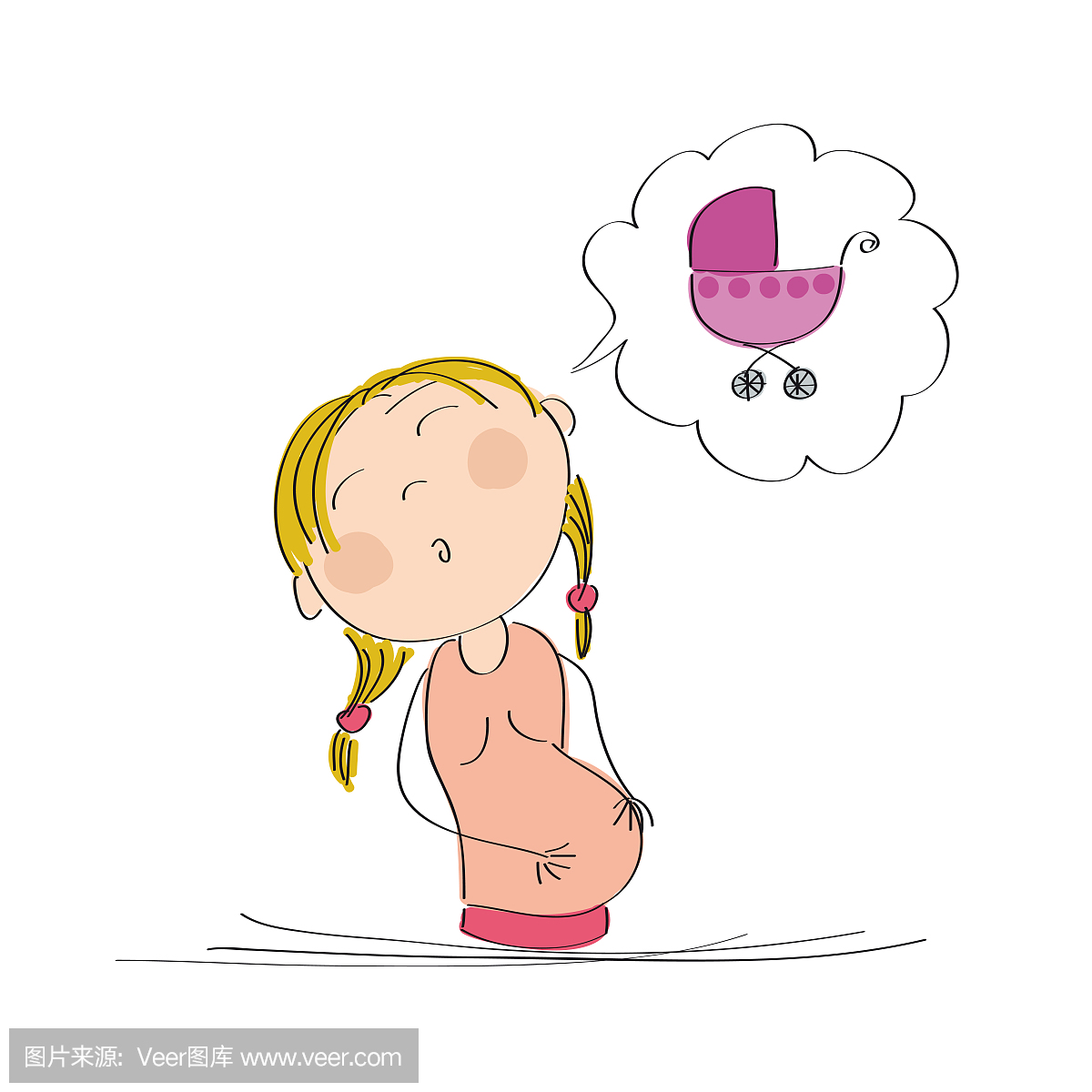 孕妇梦到为她的宝贝 - 原始手工绘制的插图买一