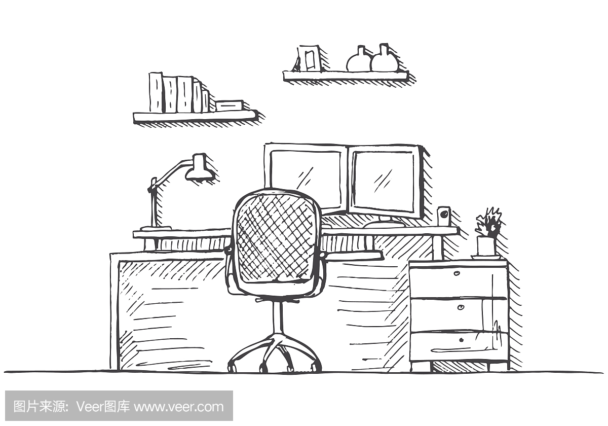 画房间。办公椅,书桌,桌上各种物品。素描工作