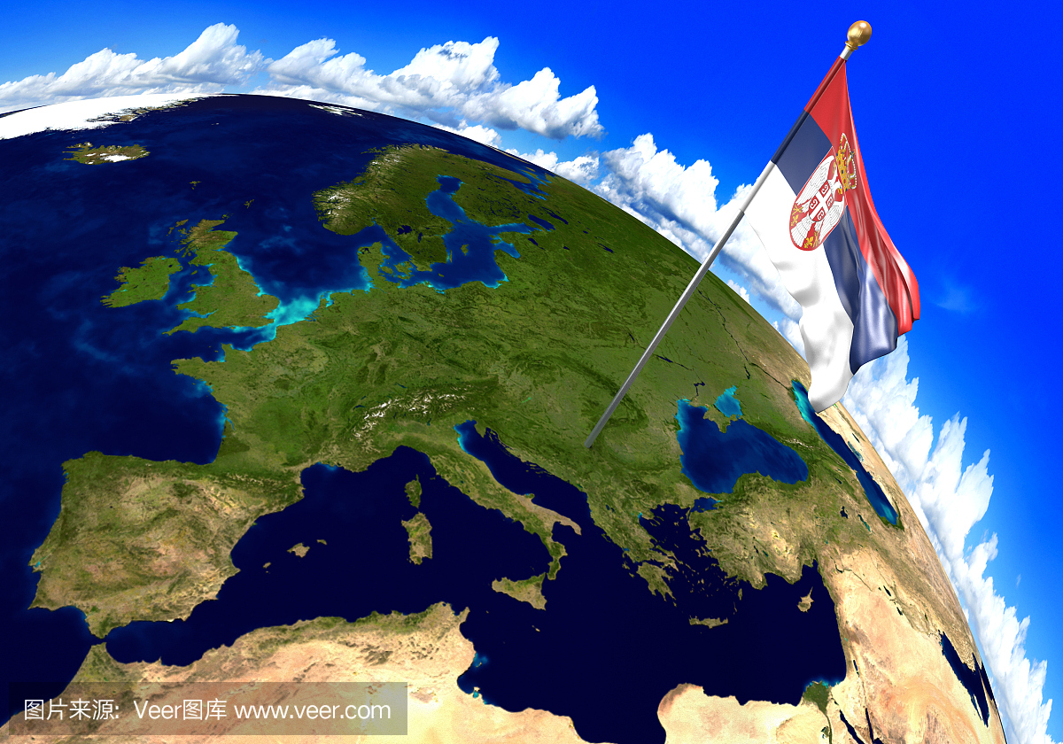 塞尔维亚国旗标志着世界地图上的国家位置。 