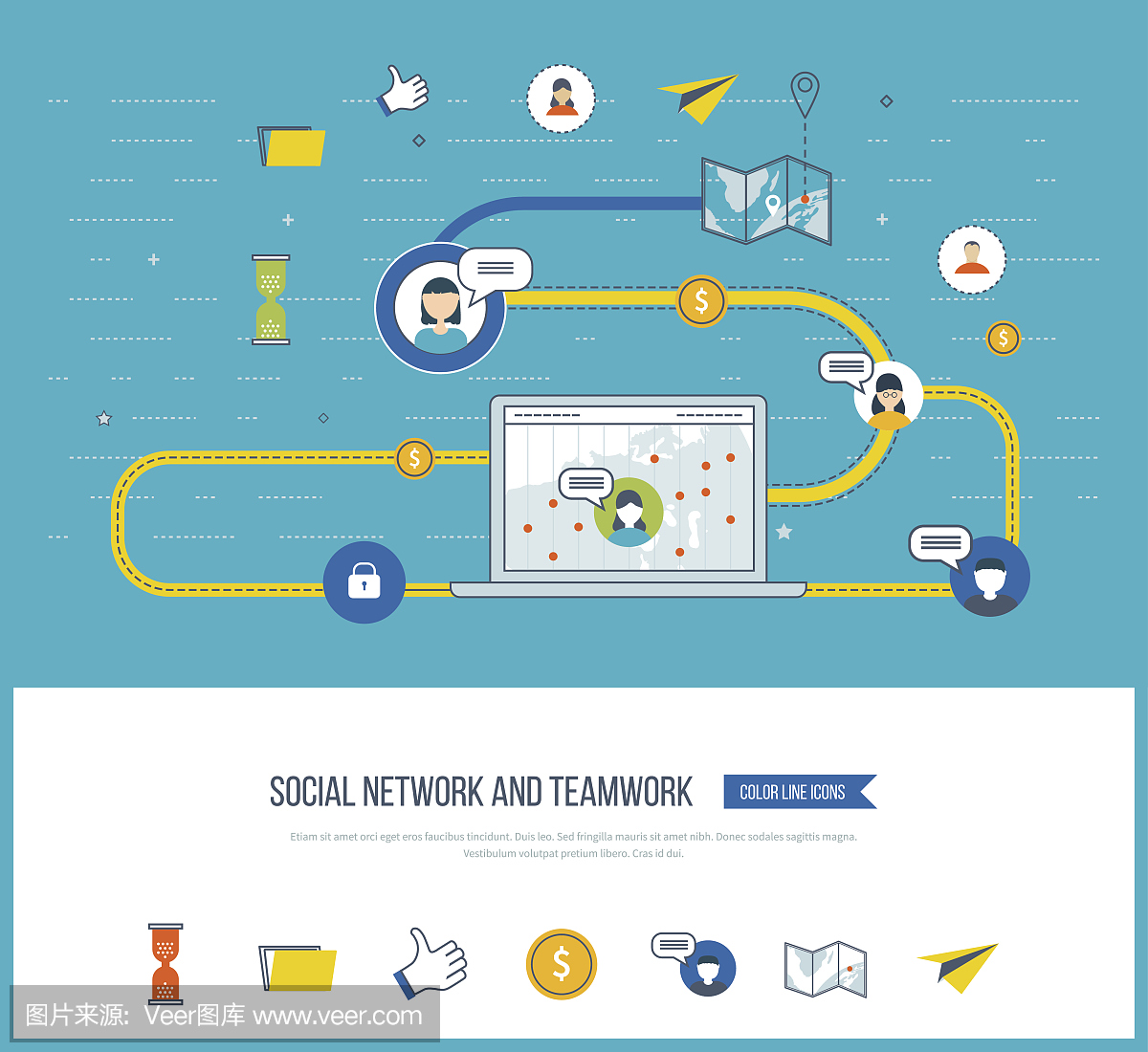 社会网络和团队合作理念。投资管理。