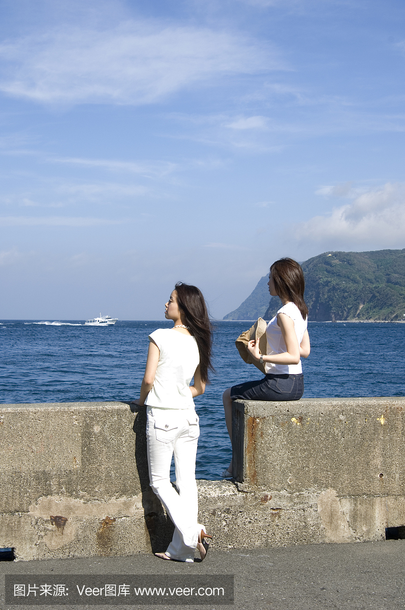 两个年轻的日本妇女从港口看海