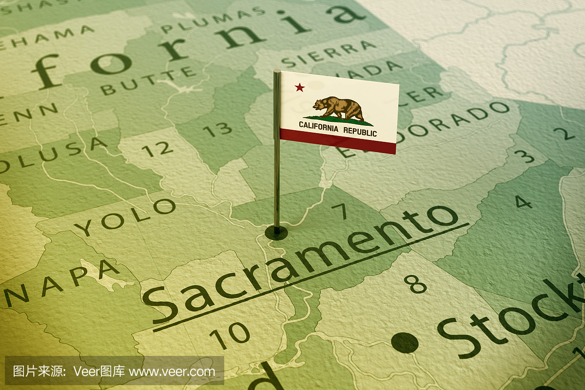 萨克拉门托加利福尼亚州旗地图复古