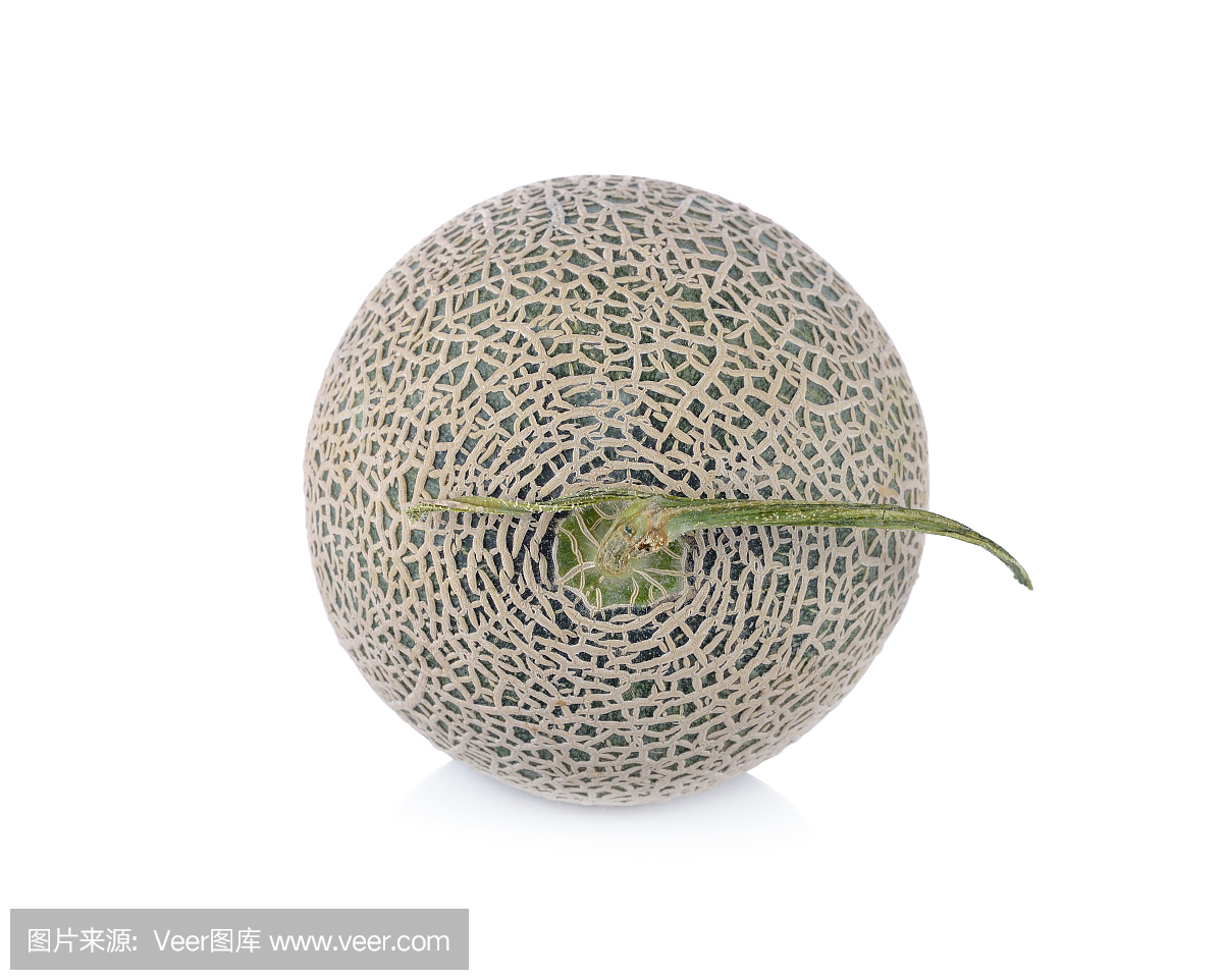 整个成熟的哈密瓜与茎在白色背景上