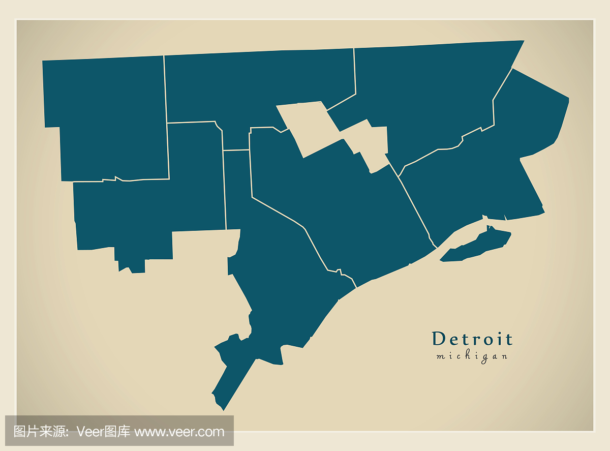 现代城市地图 - 美国密歇根州底特律市与地区