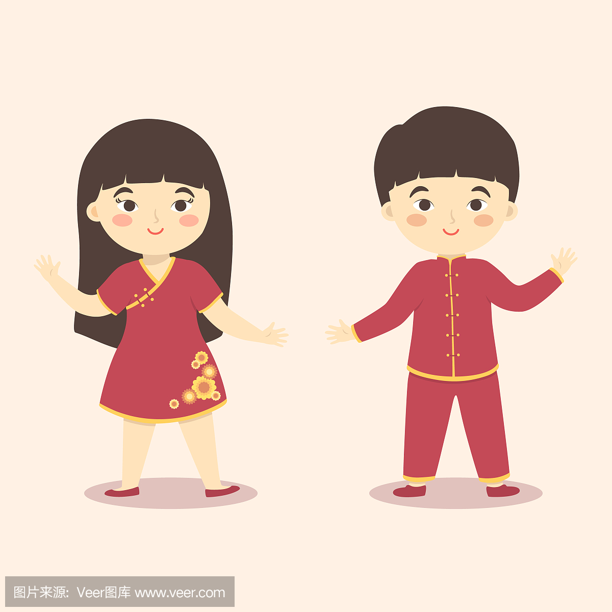 可爱的中国孩子男孩女孩服装农历新年卡通矢量