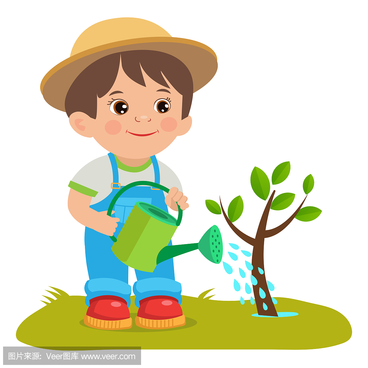 越来越年轻的园丁。用喷壶可爱的卡通男孩。工