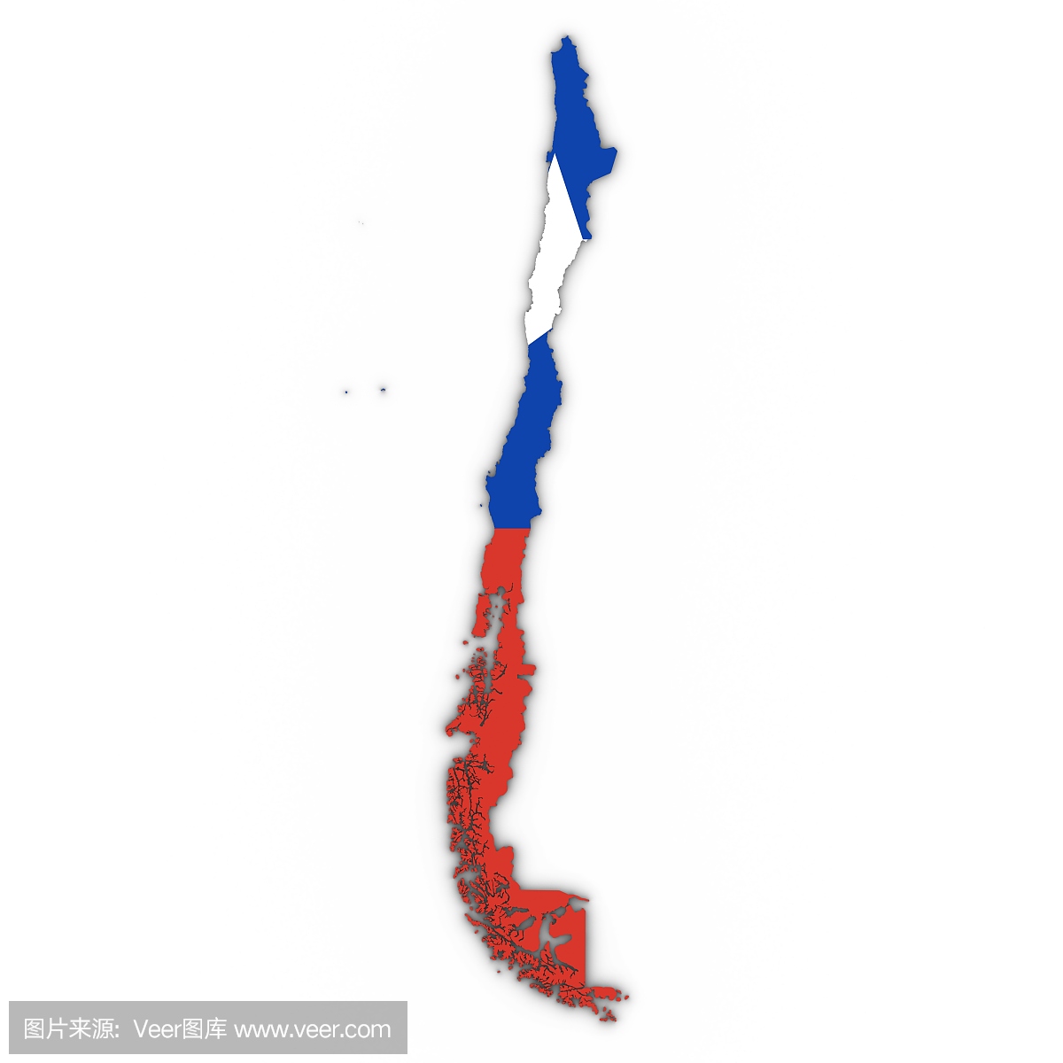 智利地图大纲与智利国旗在白色与阴影3D插图