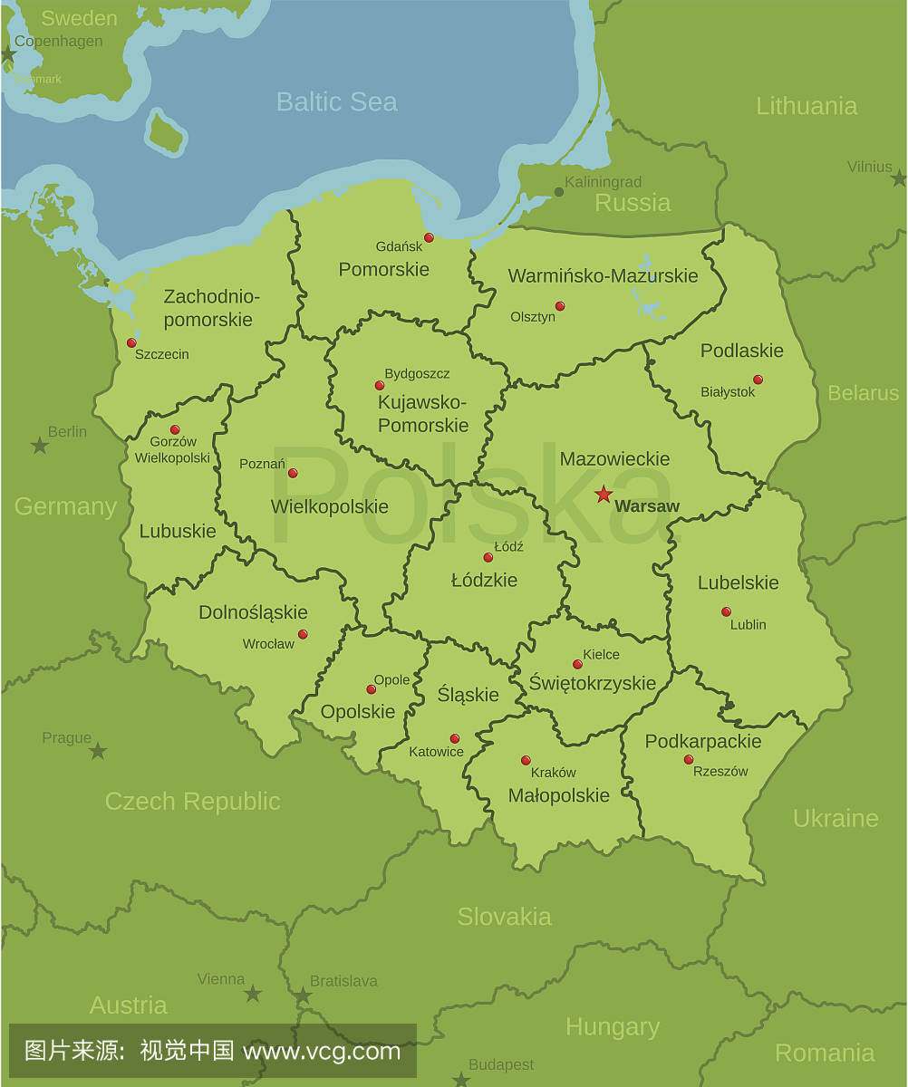 波兰地图显示省份