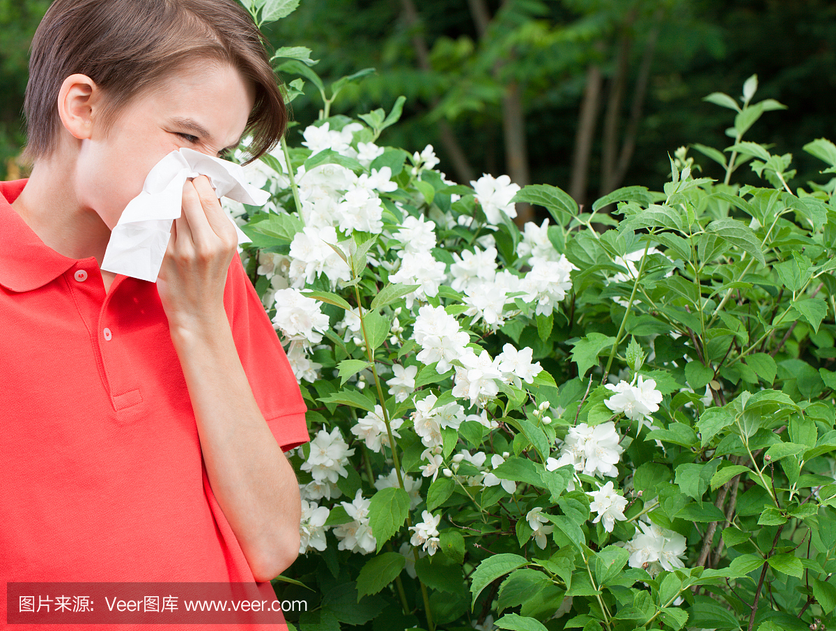 孩子过敏性鼻炎在春天的花园里