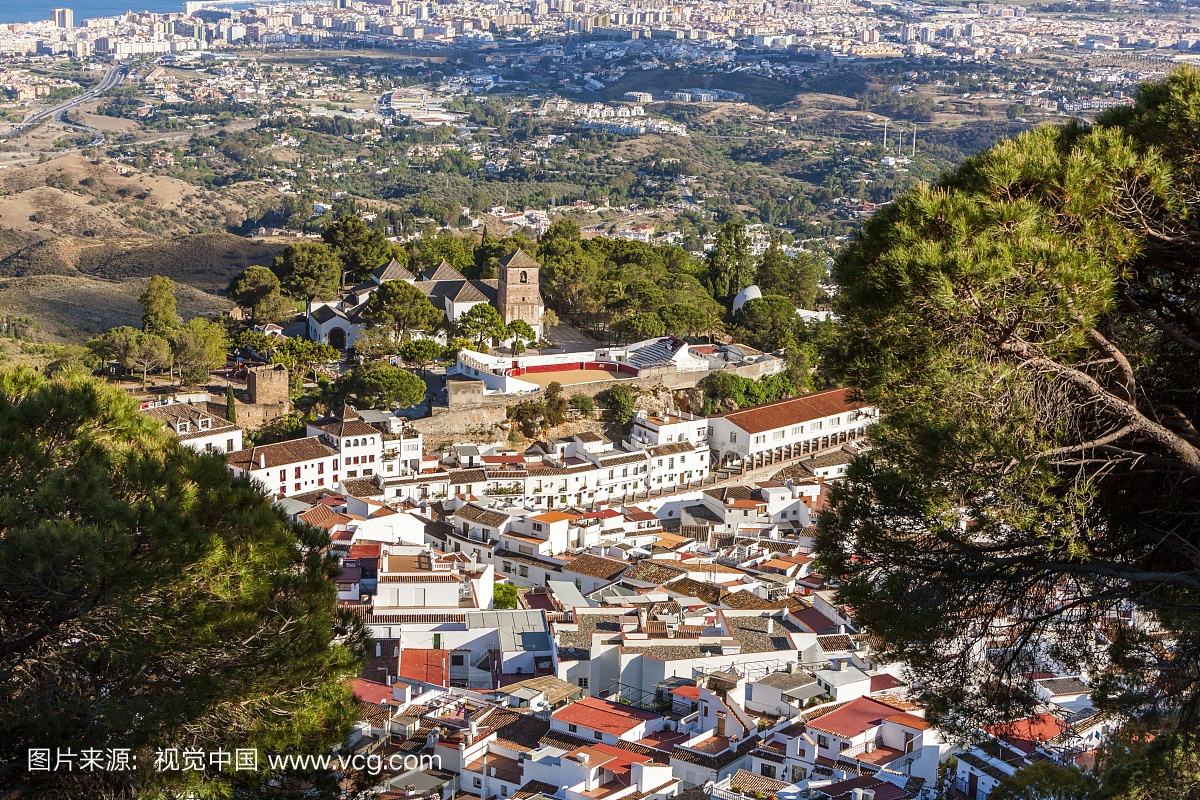 西班牙,安达卢西亚,马拉加省,米哈斯,镇的鸟瞰图