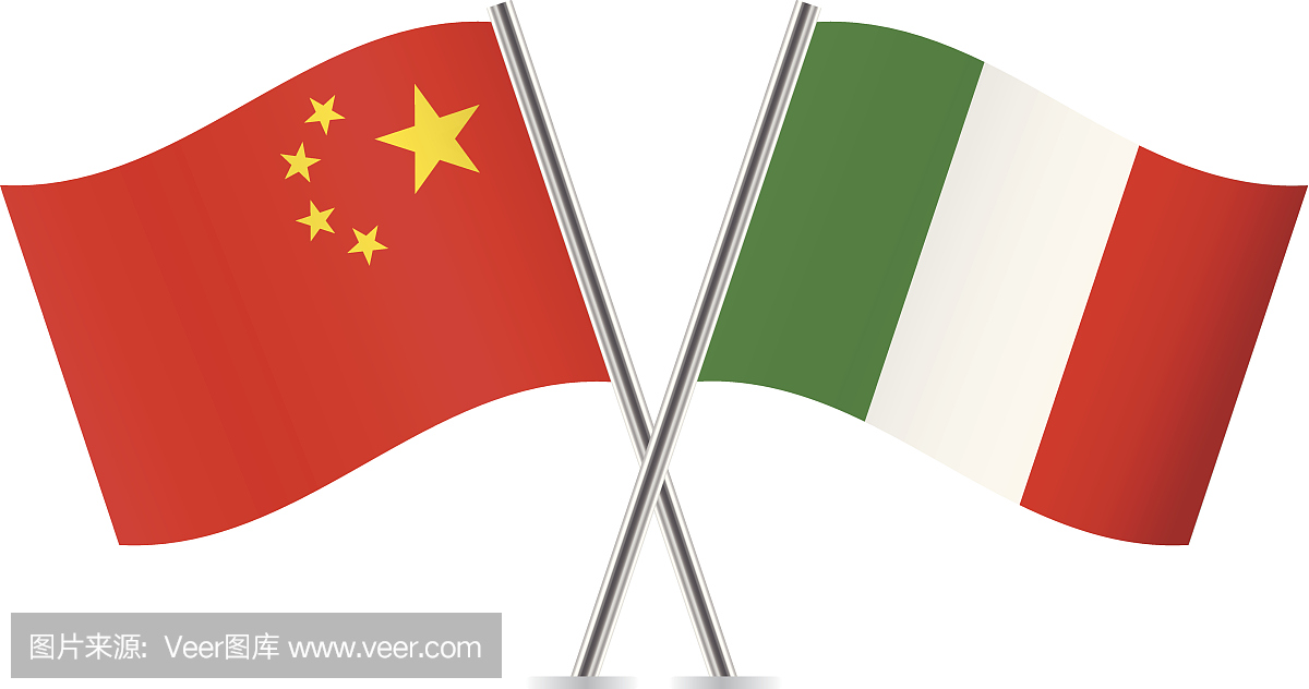 中国和意大利国旗。向量。