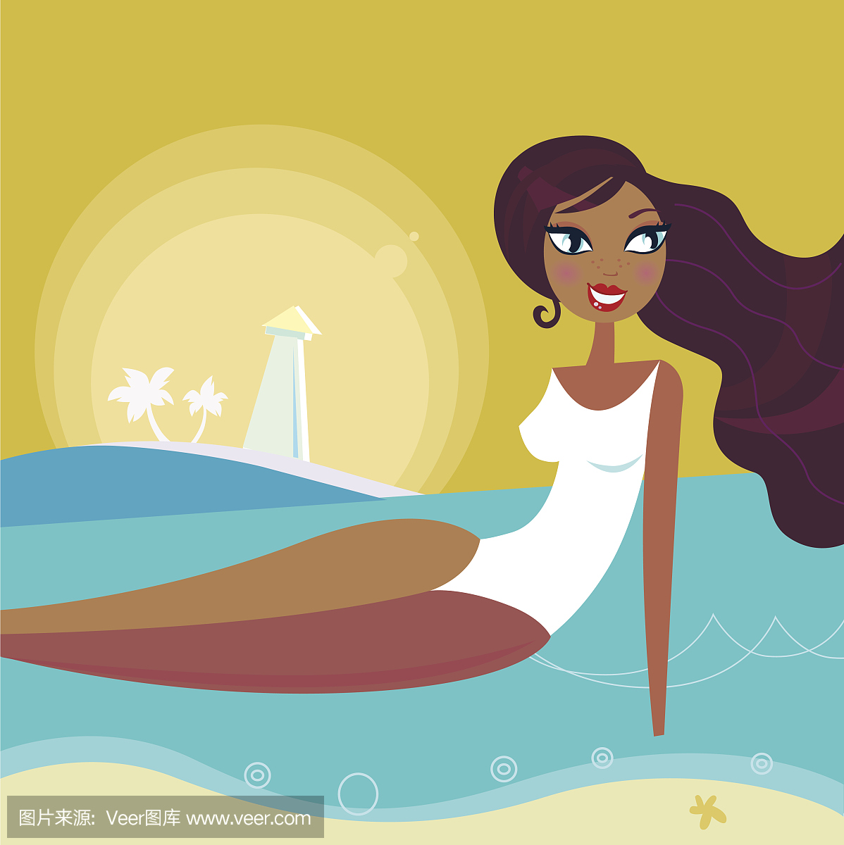 日落,海,夏天女人在沙滩晒太阳 - 复古