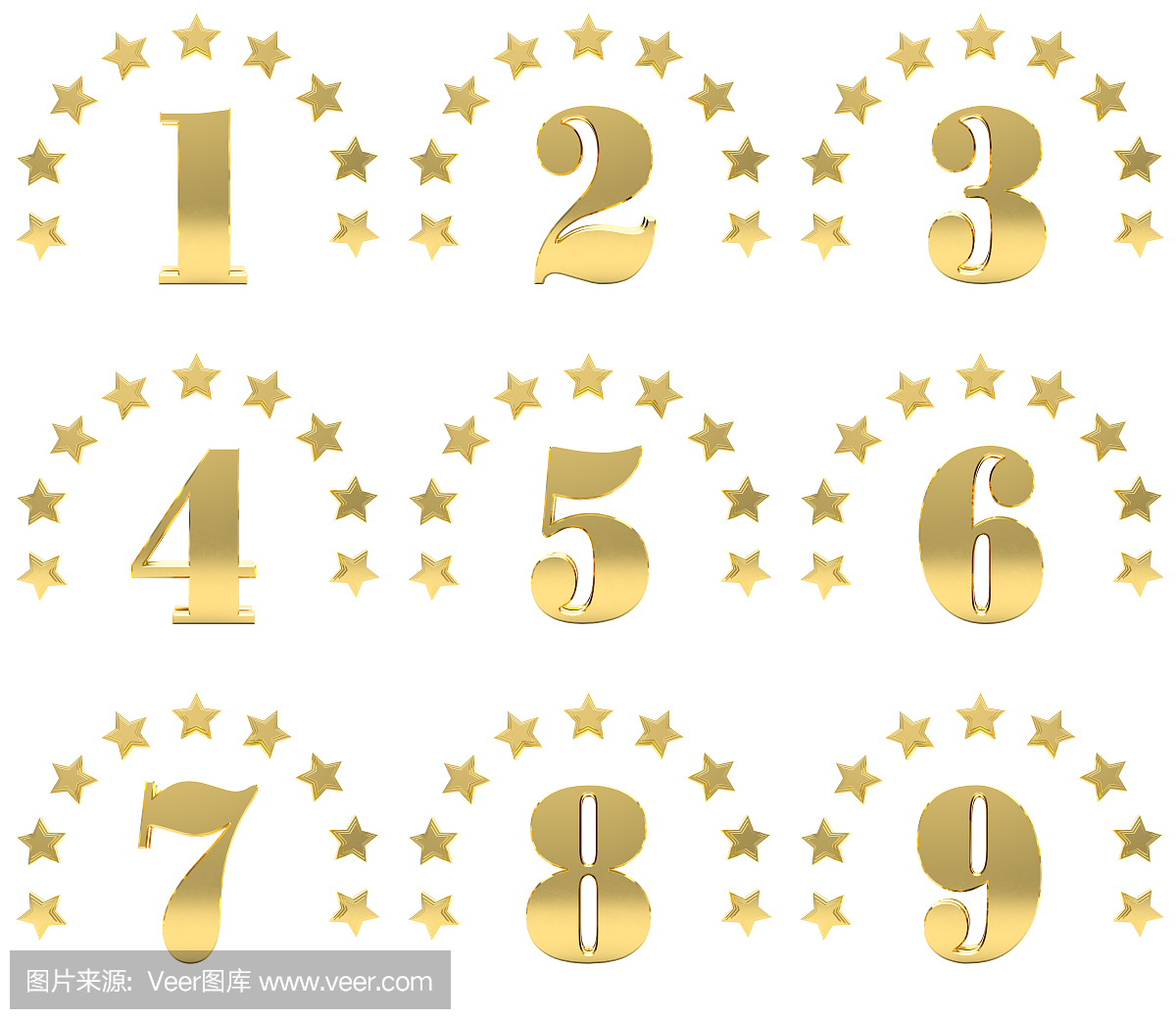 一组金色数字从一到九,装饰着一圈星星。 3D图