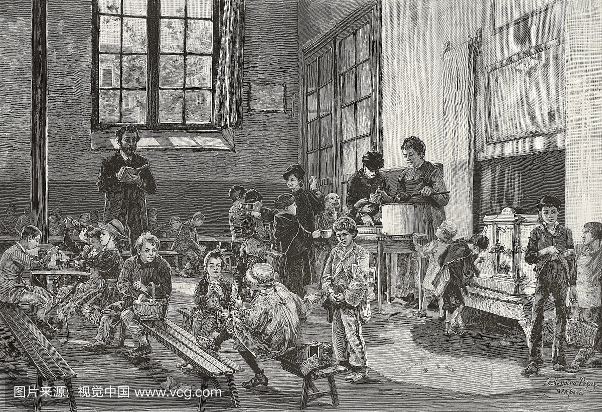 1888年10月6日,法国巴黎的学校食堂,图解说明