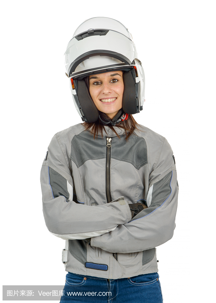 有摩托车白色头盔的妇女与开放的盾系统,在白