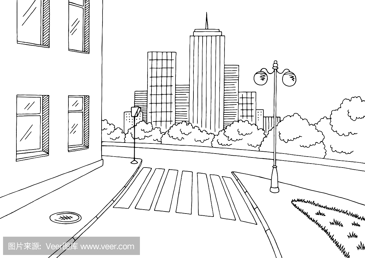 街道路图形黑色白色城市景观素描图矢量