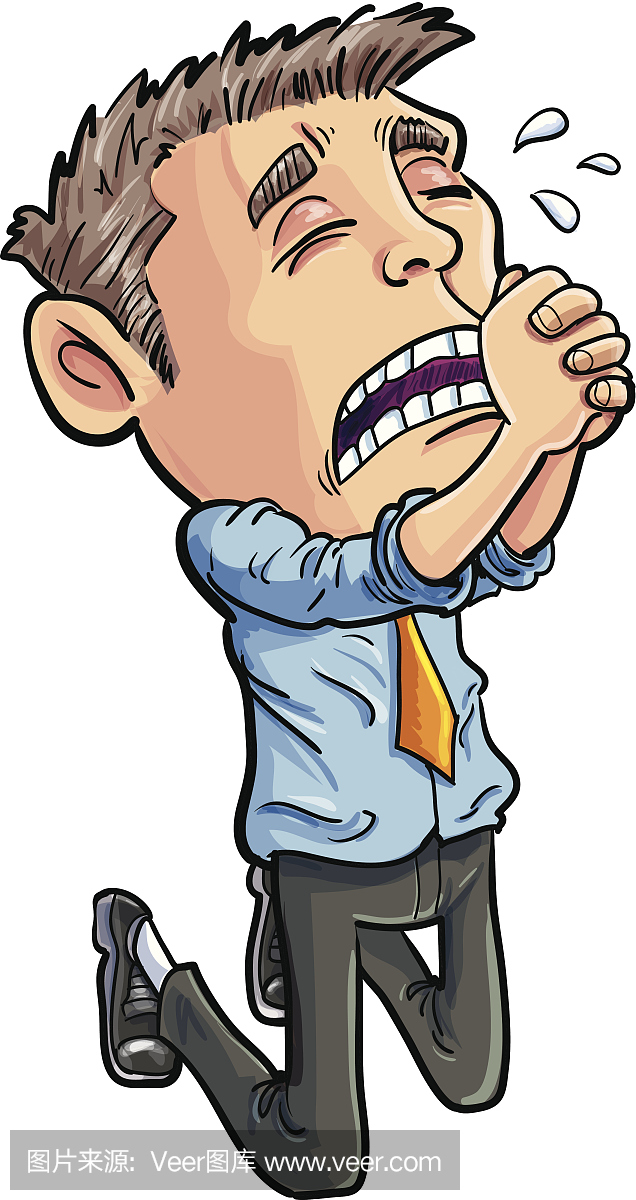 卡通办公室工作人员乞求他的工作。孤立