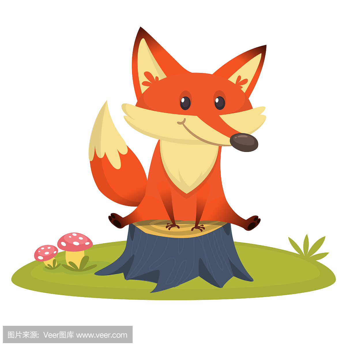 坐在树桩上的卡通快乐狐狸。矢量图