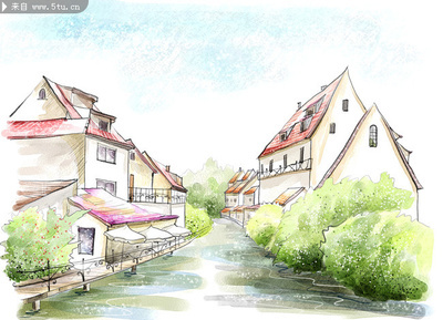 江南风景的卡通图片
