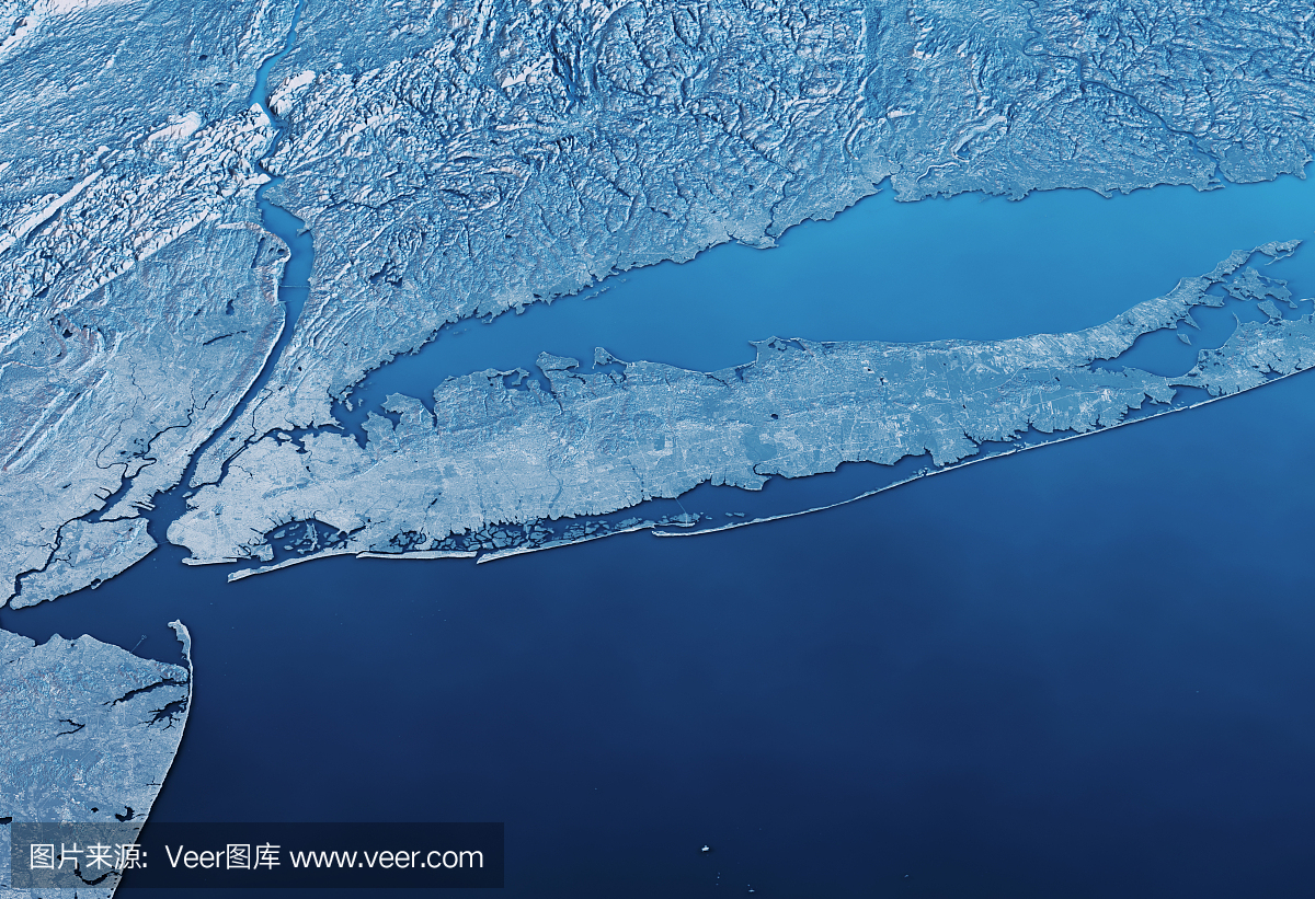 纽约长岛3D渲染卫星查看地形图水平蓝