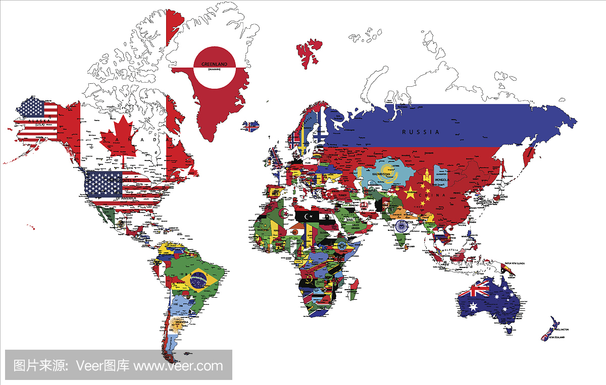与国旗的政治世界地图。