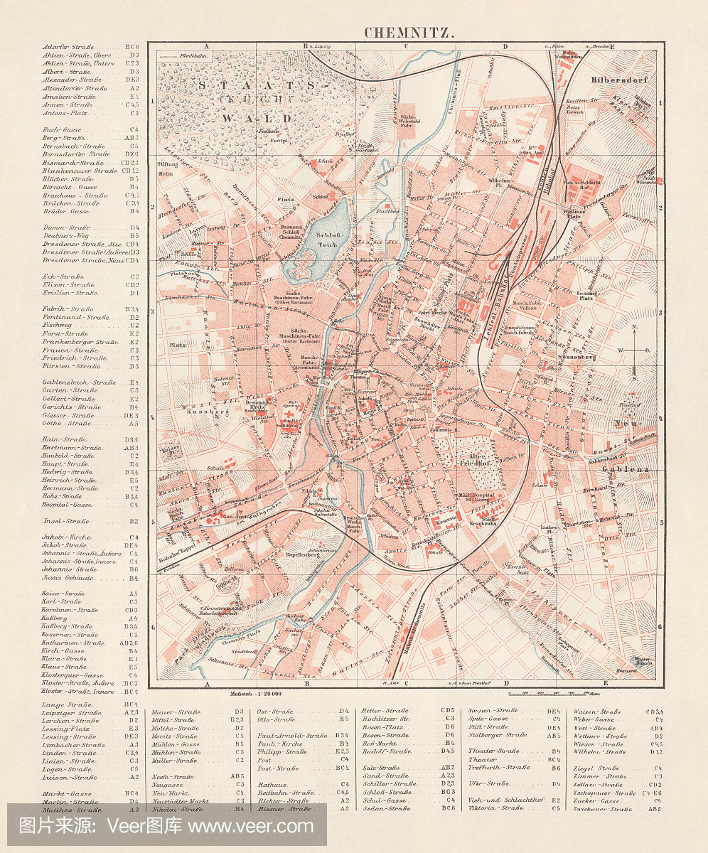 德国开姆尼茨城市地图,版画,发表于1897年