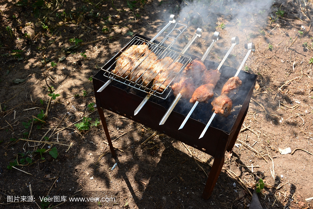 准备,烹饪烤肉串在木炭户外