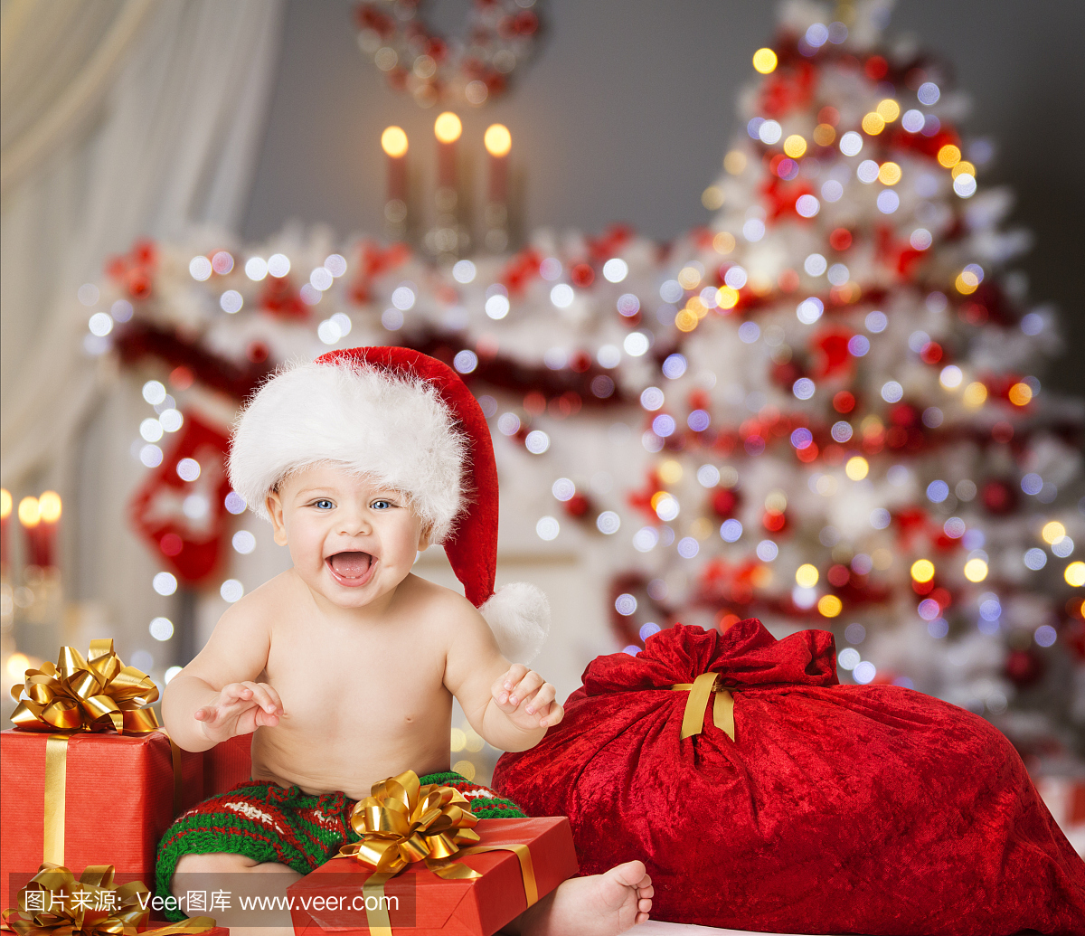 圣诞婴儿圣诞老人帽子,小孩男孩,礼物和礼包