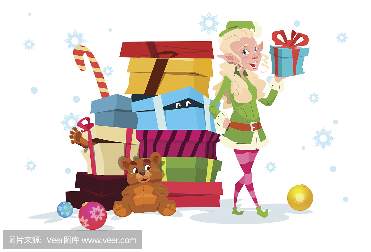 圣诞老人精灵女孩卡通人物圣诞老人助手与礼物盒