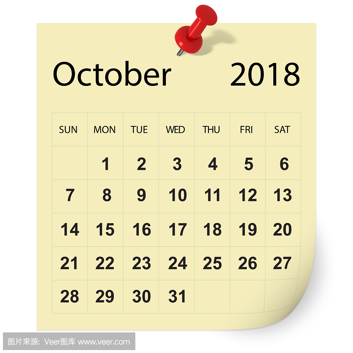 2018年10月的日历