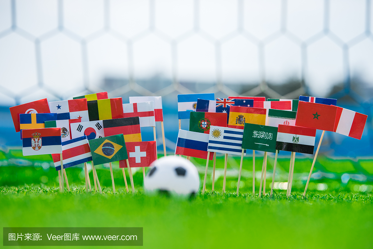 所有足球国家在绿草地上,足球球在体育场上的
